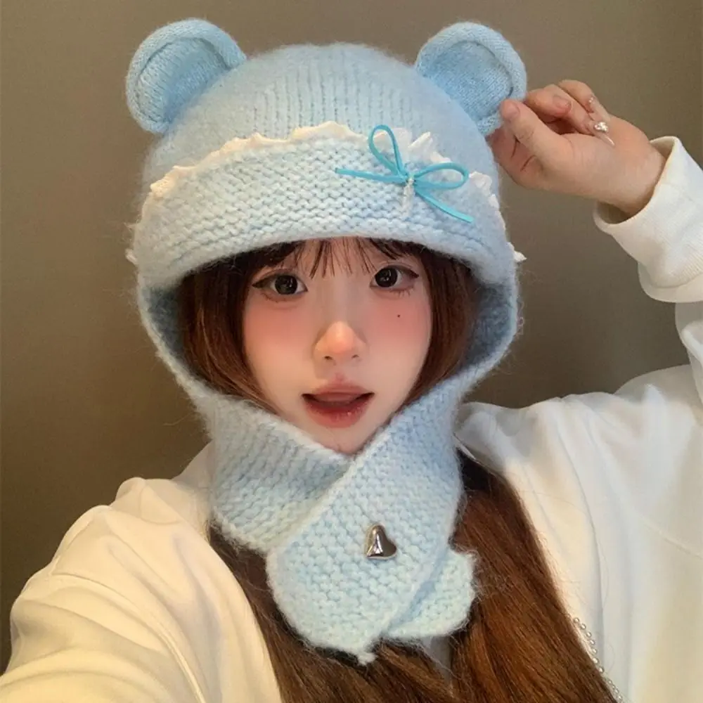 

Cute Sweet Bear Ear Knitted Hat Woolen Keep Warm Neck Collar Beanies Cap Neck Protector Bow Pullover Cap Girls