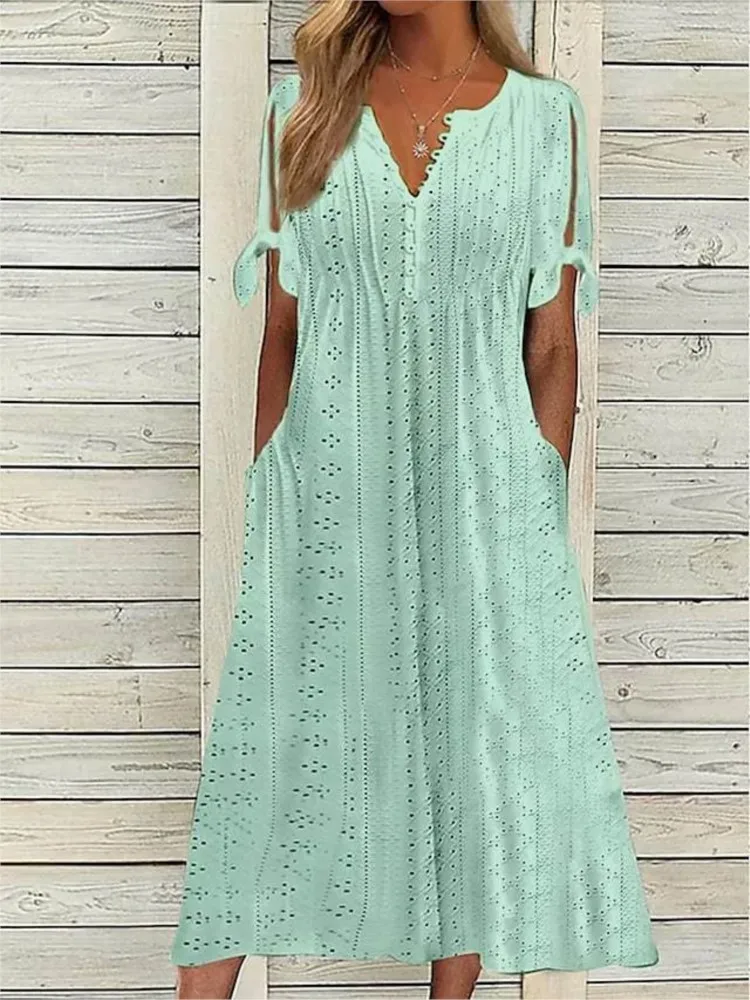 Summer Solid Color Short Sleeved Women\'s Dresses Fashion Sexy Hollow V Neck Lace Ruffle Casual Simple Female Beach Holiday Dress