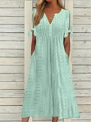 Summer Solid Color Short Sleeved Women's Dresses Fashion Sexy Hollow V Neck Lace Ruffle Casual Simple Female Beach Holiday Dress