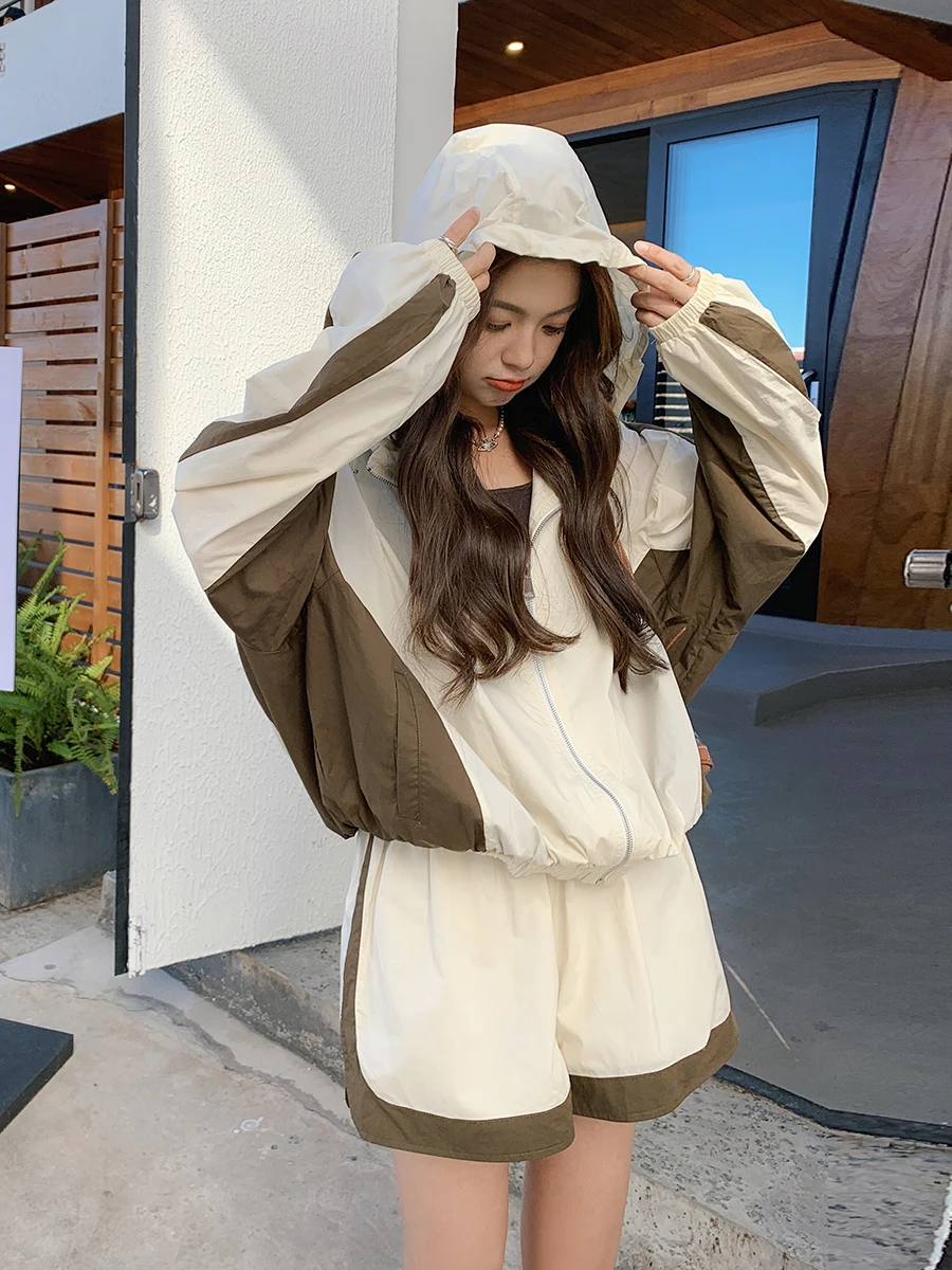 2023 Summer Women Two Pieces Set Long Sleeve Thin Hooded Sun Protection Coats High Waist Wide Leg Shorts Casual Tracksuit Suits