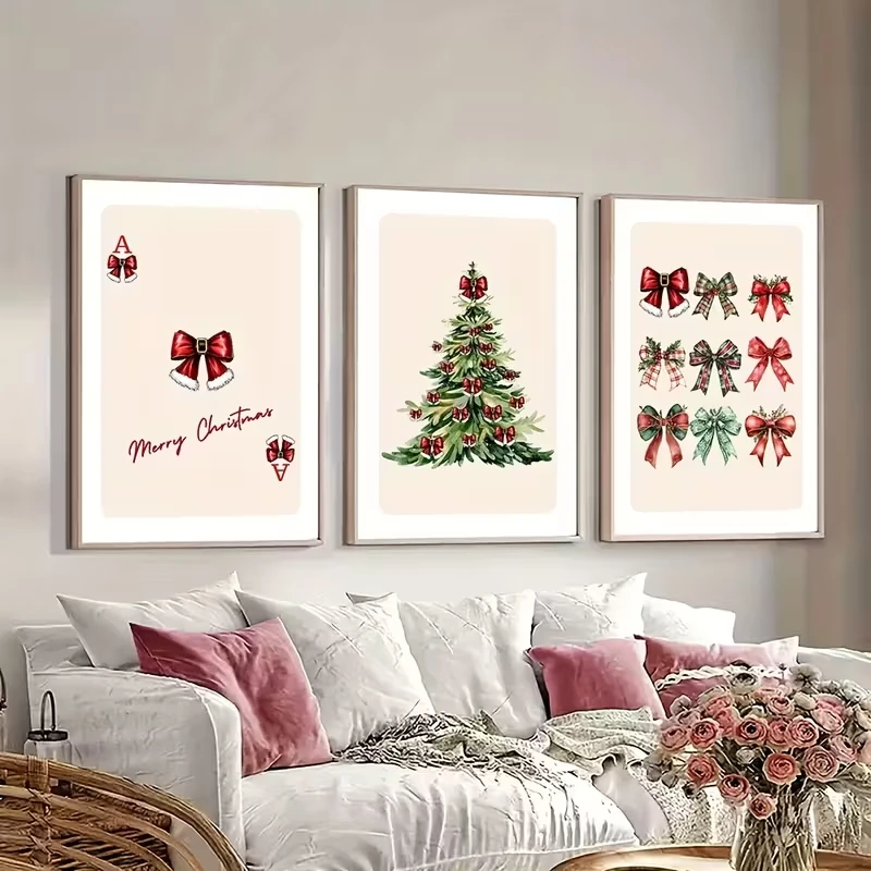 

3pcs Bohemian Christmas Bow, Pink and Red Canvas Poster, Wall Art, Holiday, Christmas and New Year Gifts, Home Decoration