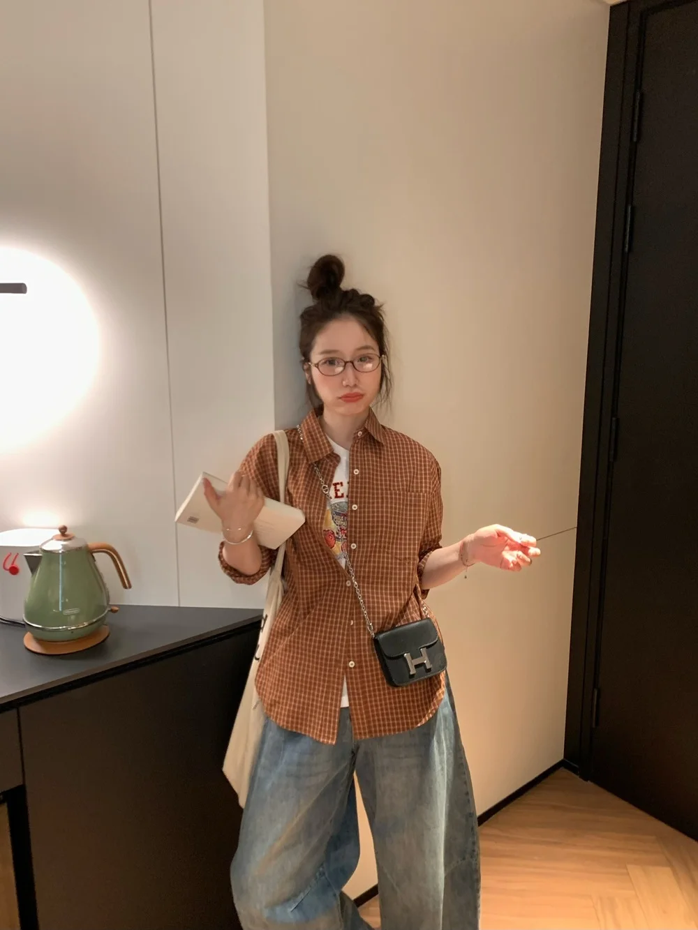 

Xubeng Spring Vintage Loose Women's Shirt Stand Collar Plaid Outerwear Long Sleeve Fashion Ladies' Classic Style