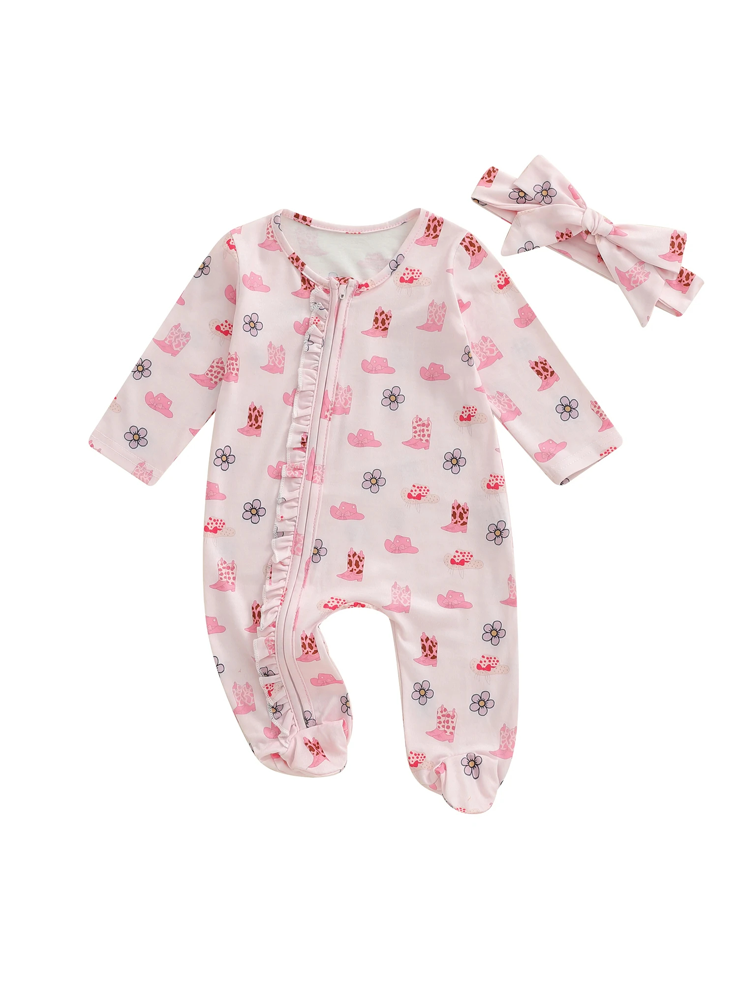 

Adorable Infant Girl Autumn Outfit Flower Patterned with Matching Bow Headband and Full-Length Zipper