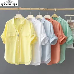 100% Pure Cotton Short Sleeved Solid Color Shirt for Women's 2024 Summer New Outerwear Shirt Design Loose and Thin Top