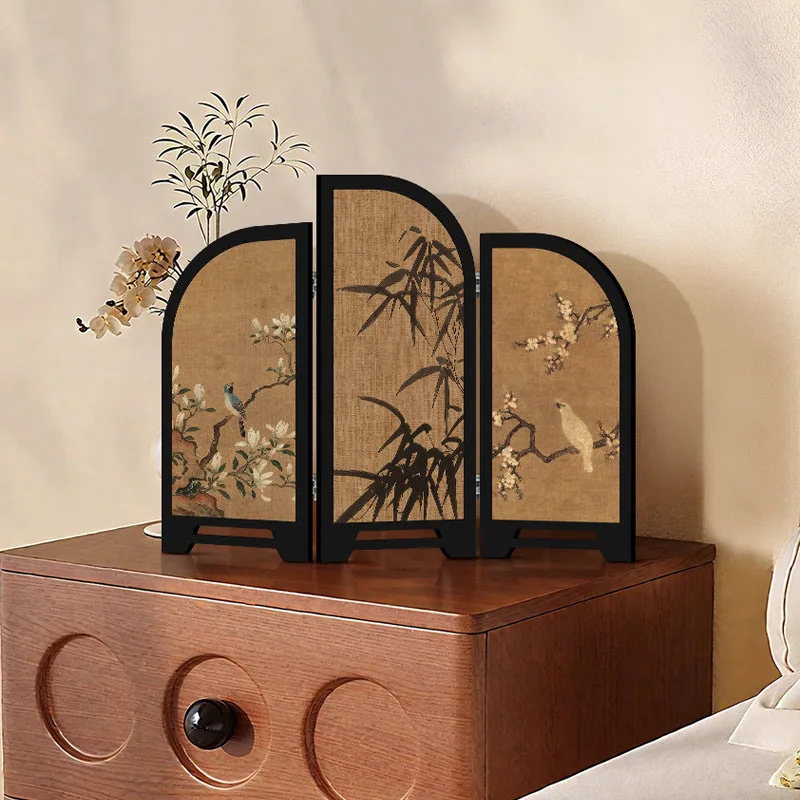 Chinese Style Mini Folding Screen Desk Ornament, Vintage Tabletop Room Divider, Small Home Office Tea Room Decor