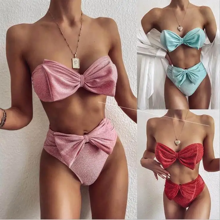 

High-Waist Tee-Point Bikini Women's Swimsuit Pure Color iny Knot Design Cross-Border Swimming Costume