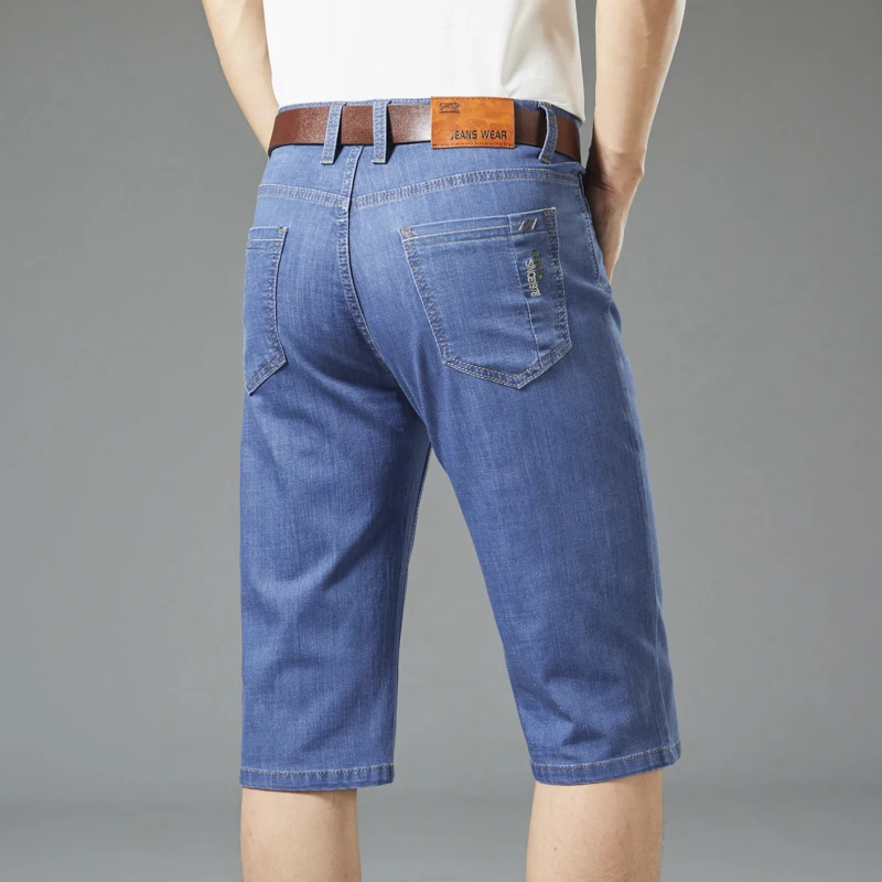 

New Summer Men's Denim Shorts Cool Elastic Casual Knee-length Pants Youth Fashion Business Straight Short Jeans Blue Black