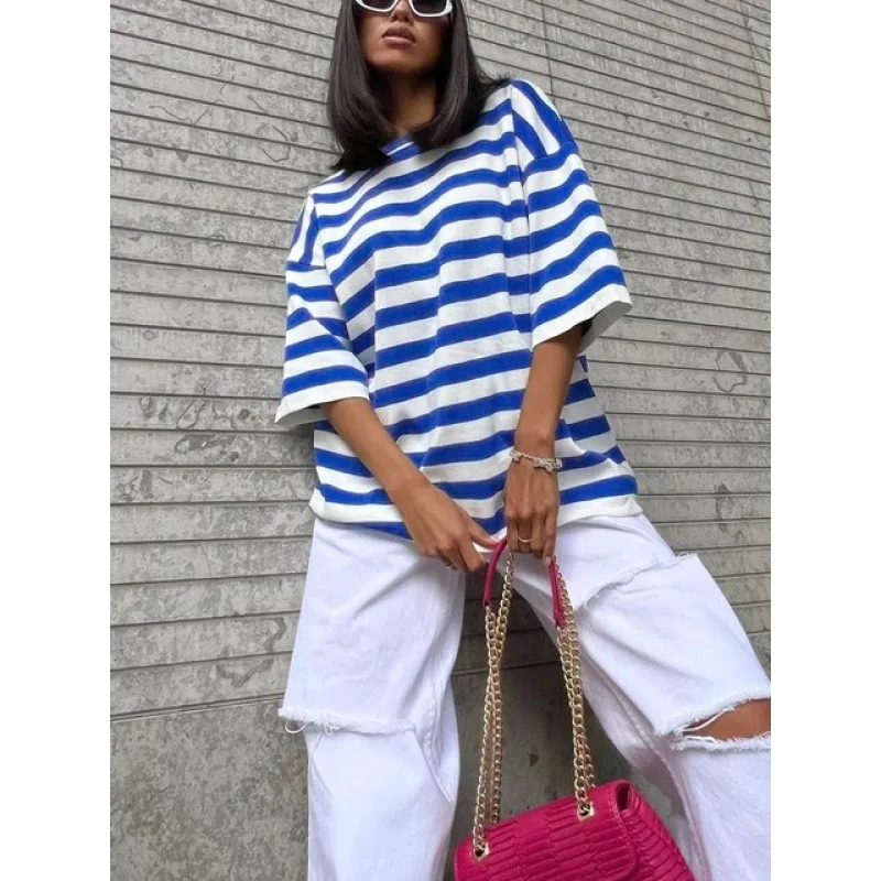 Summer Loose Striped T-irt Casual Women's Top Comfortable Breathable ort Sve round Ne Commute Sle Loose Fit T-irt