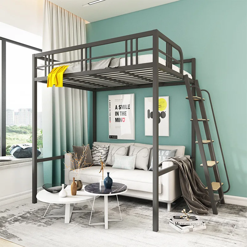 Wrought iron elevated bed empty children student small apartment building space saving double loft bed