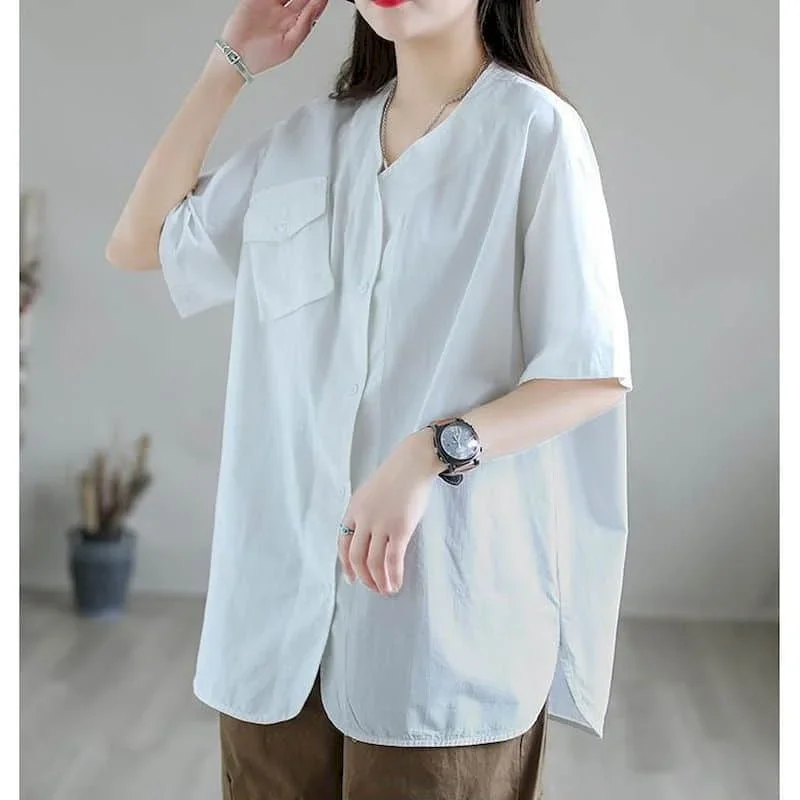 Camisas para mulheres de algodão tamanho grande verão fino manga curta 2024 novo sólido solto casual coreano moda blusa feminina escritório topos