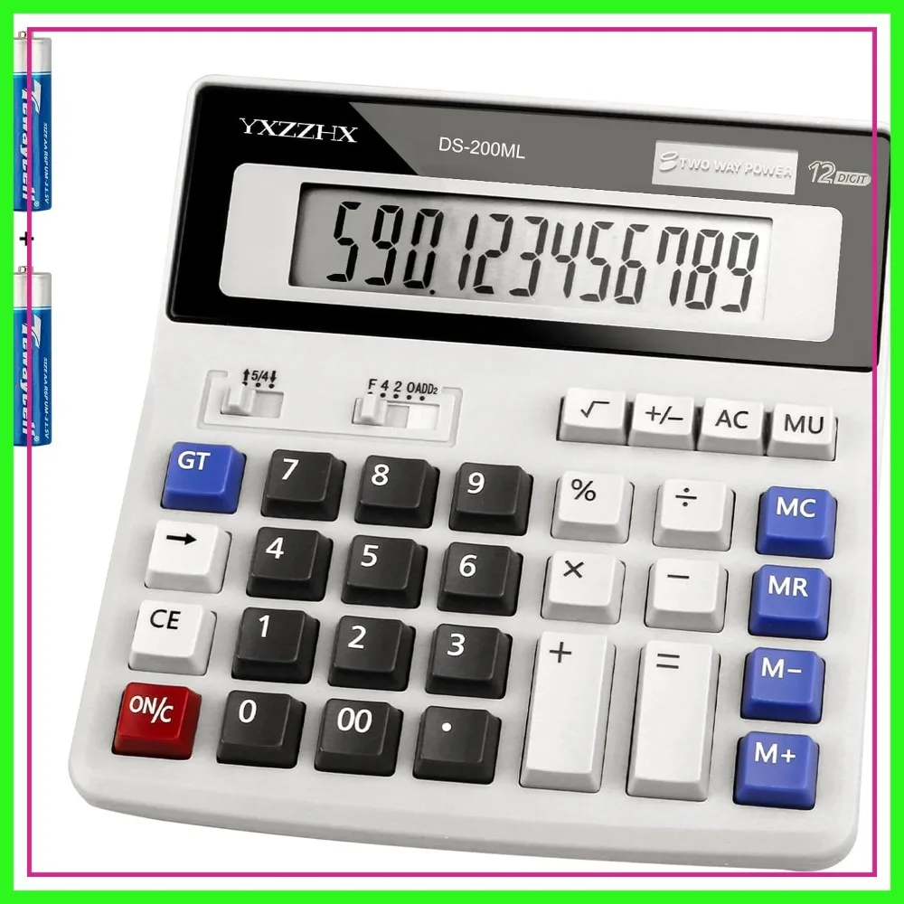 

12-Digit Desktop Calculator with Large LCD Display, Solar & Battery Powered, Big Buttons, White