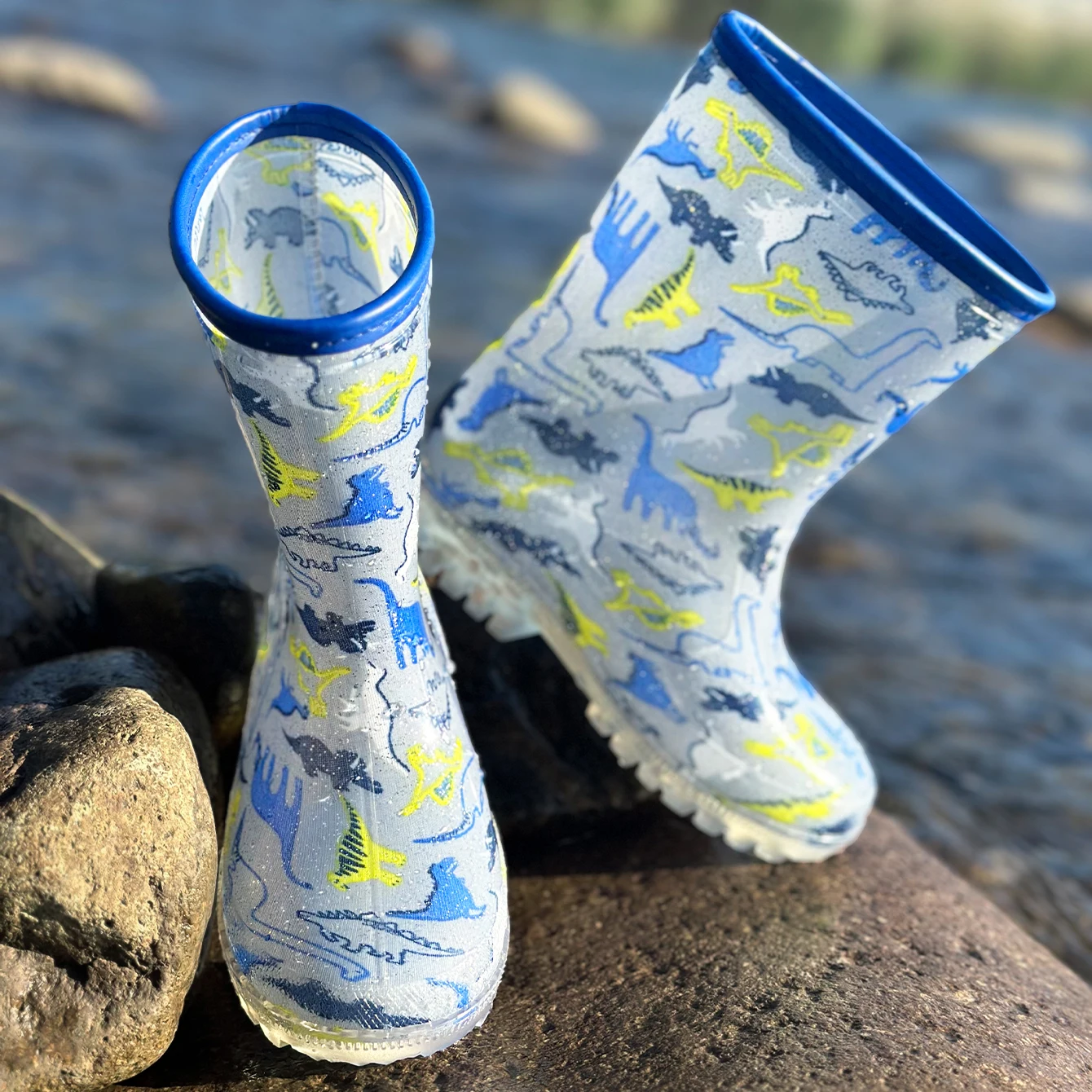 Botas de chuva de PVC para crianças, Sapatos de água antiderrapantes, Dinossauro Cinzento, Glitter, Impermeável, Resistente ao desgaste, Fácil de aplicar, Ao ar livre, Bonito
