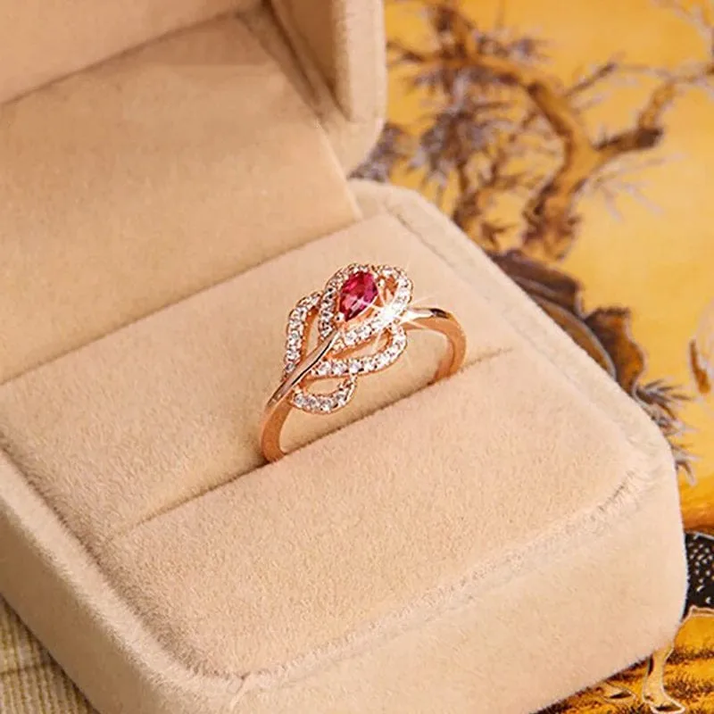 Huitan Rose Gold Color Leaf Rings with Red Cubic Zirconia Gorgeous Women Finger Accessory for Wedding Party Temperament Jewely
