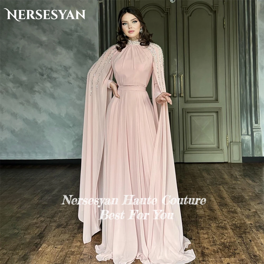 Nersesyan Glitter Dubai Formal Evening Dresses A-Line Pleats Beading Cap Sleeves Prom Dress فساتين للمناسبات الرسمية Party Gowns