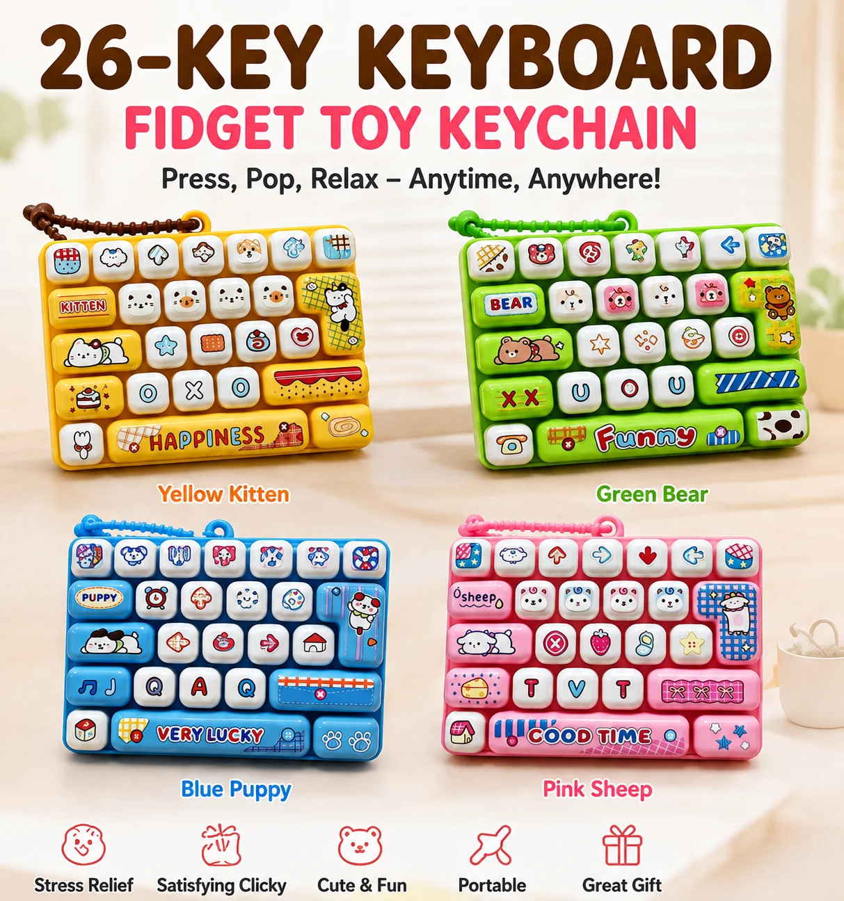 26‑Key Fidget Keyboard Clicker Keychain, Mechanical Keycap Press Sensory Toy, Anti‑Stress Portable Desktop Ornament Novelty Gift