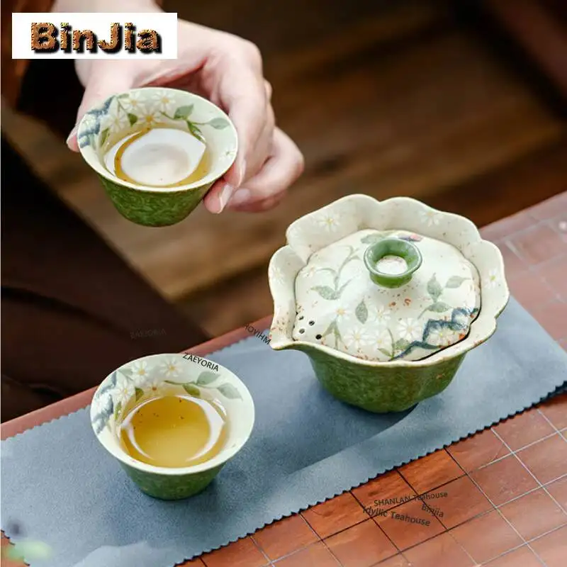 Hand-painted Daisy Travel Tea Set Kit Antique Set Of Cups 1 Pot 2 Cups Tea Brewing Organizer Portable Outdoor Tote Bag Cha view 4
