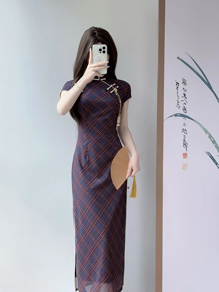 

Retro Chinese Sle Gingham Ele Slimming New Chinese Sle Republic Era Aesthetic Daily Low Slit Long Sve