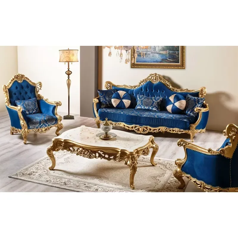 French Rococo Style Wood Carved Marquetry Canopy Sofa Royal 3 Seater Fancy European Living Room Sofa Set
