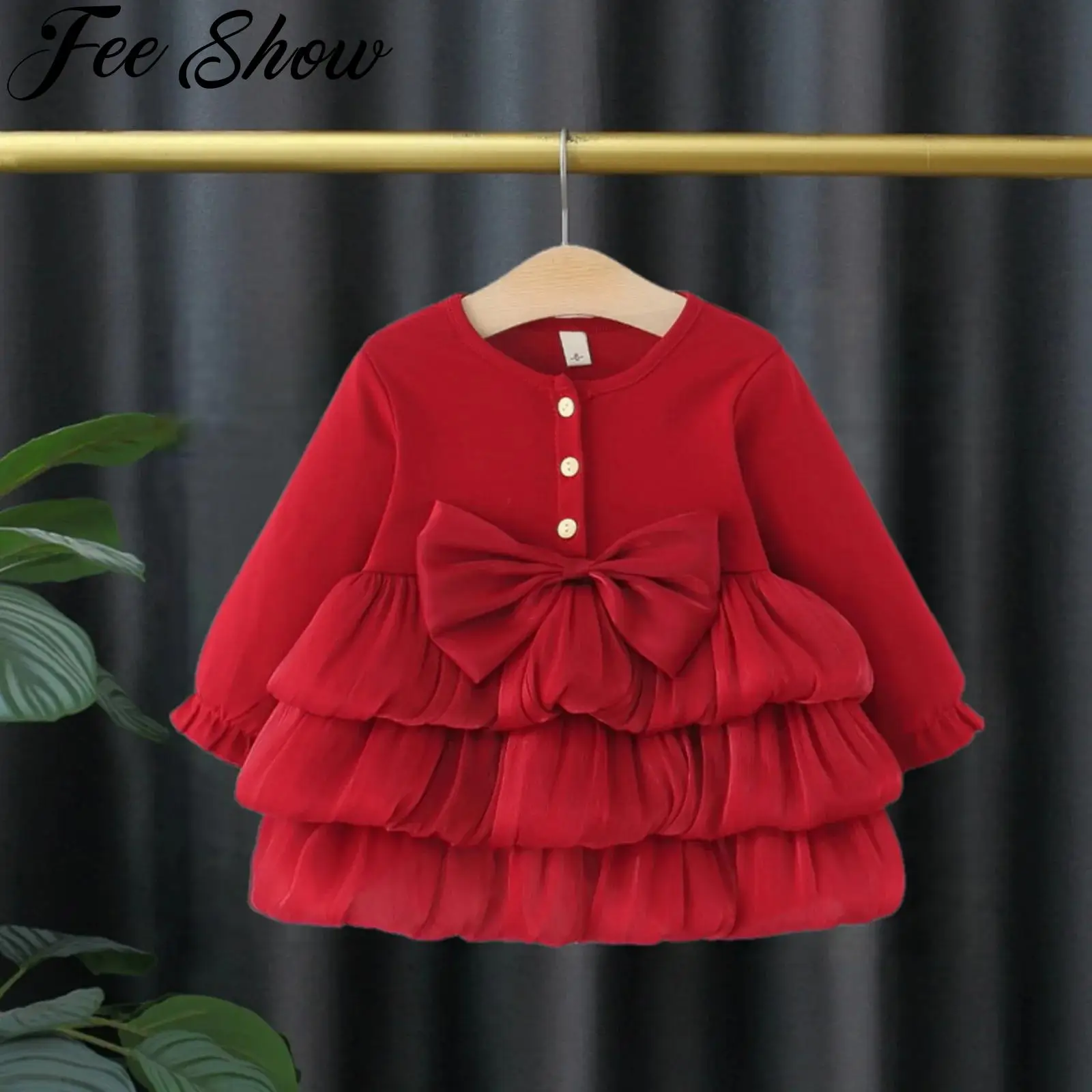 

Рождественское платье на весну и осень для маленьких девочек, милые многоуровневые платья с рюшами и длинными рукавами, праздничная детская одежда для дня рождения