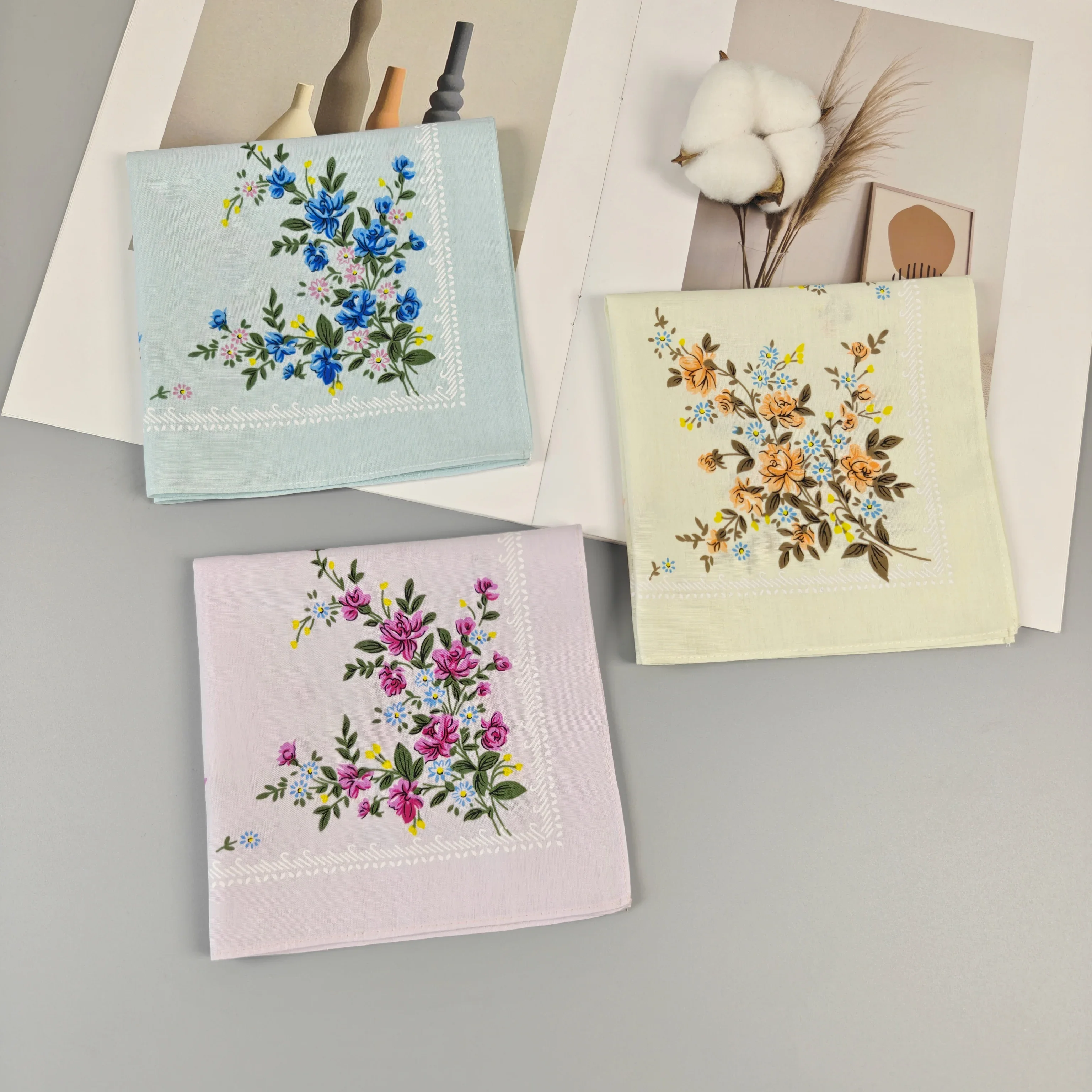 Thin Feel Cotton Handkerchief for Women, Printed Handkerchief, Retro 6-12PCS,29.5cm/11.5in