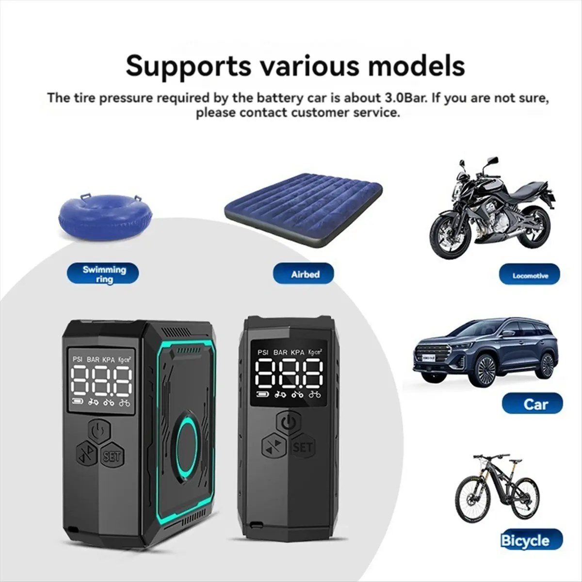 

(AD10) Mini Electric Bike Air Pump 150PSI Powerful Air Compressor Pressure Display Motocycle Bike Tire Inflator Black Green
