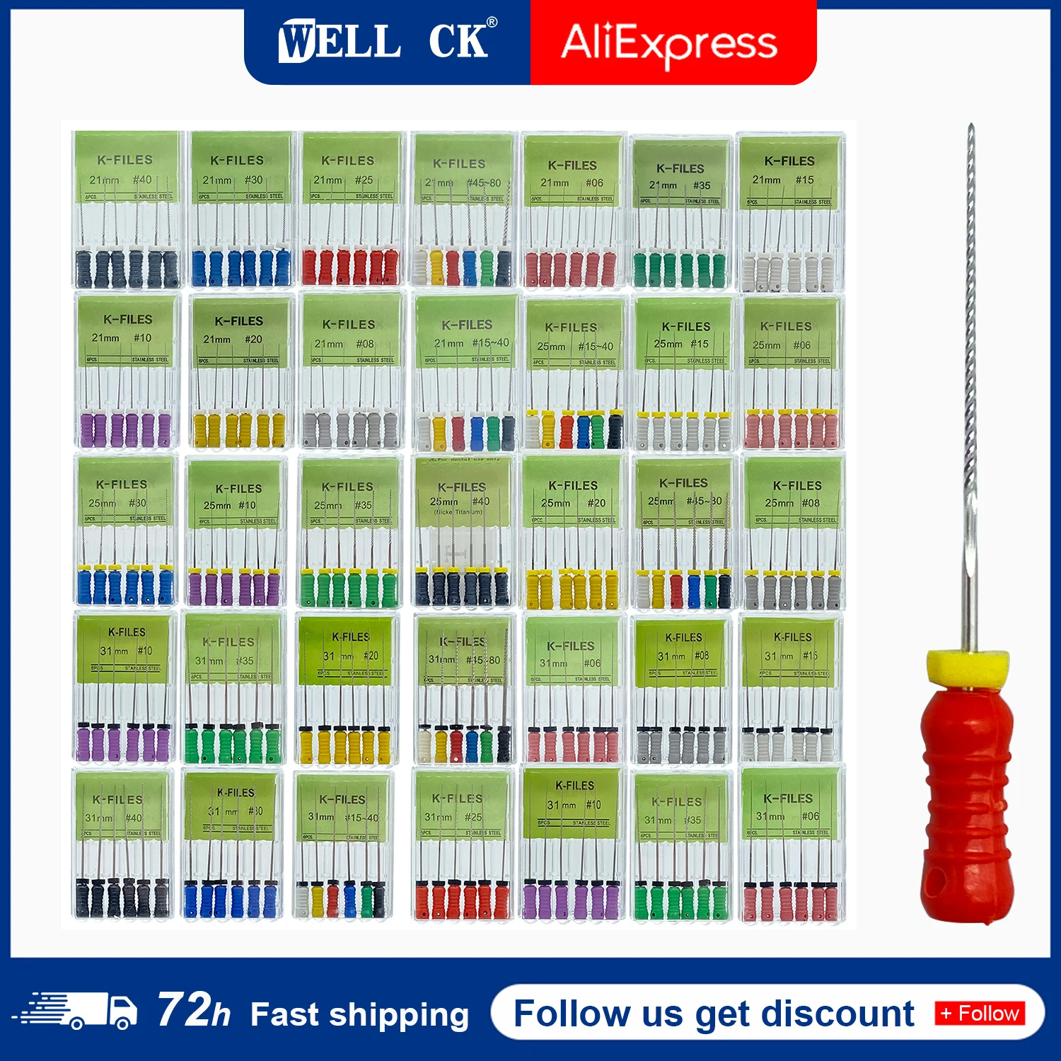 Instruments endodontiques dentaires en acier inoxydable, limes K pour canal radiculaire, outils de traitement, 21mm, 25mm, 31mm, 6 pièces par paquet