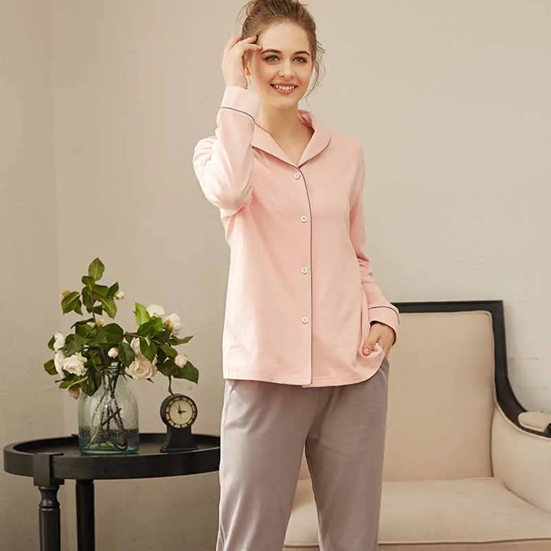 Pure Cotton Pajamas for Women's Breathable Soft Sleepwear Long Sleeved Cardigan Pants Home Wear Set Autumn Female Nightwear