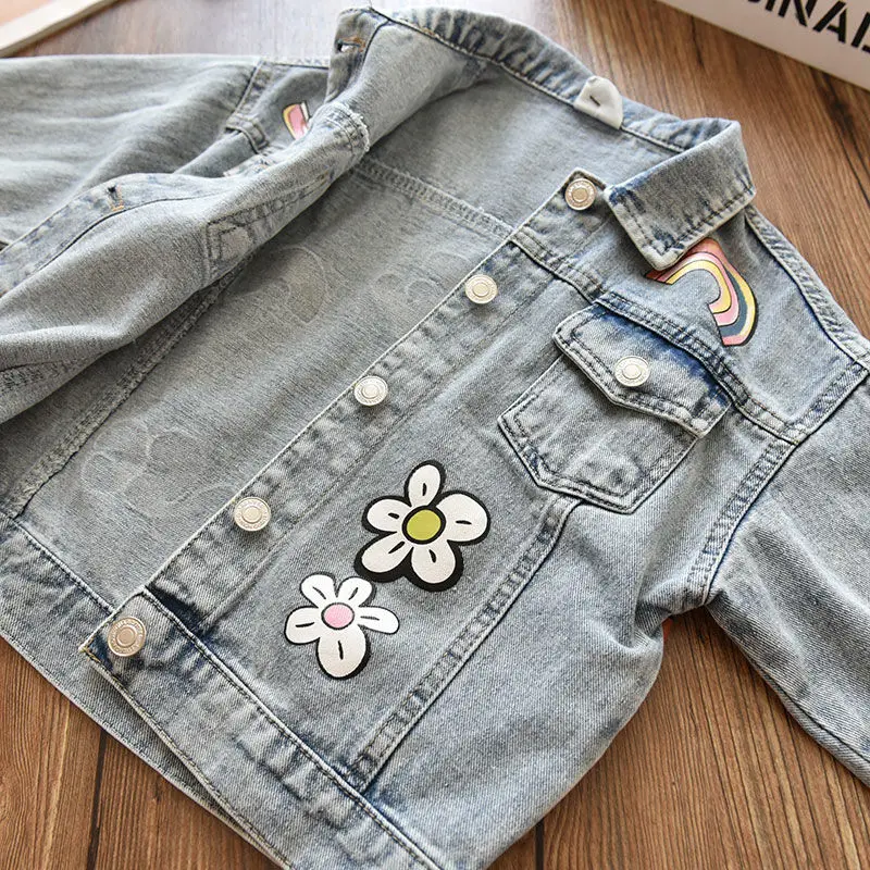 2-12 years Girls Denim Jackets Toddler Kids Girl Coat Spring Autumn Clothes Children Cartoon Floral Jacket Coat Outwear Jeans