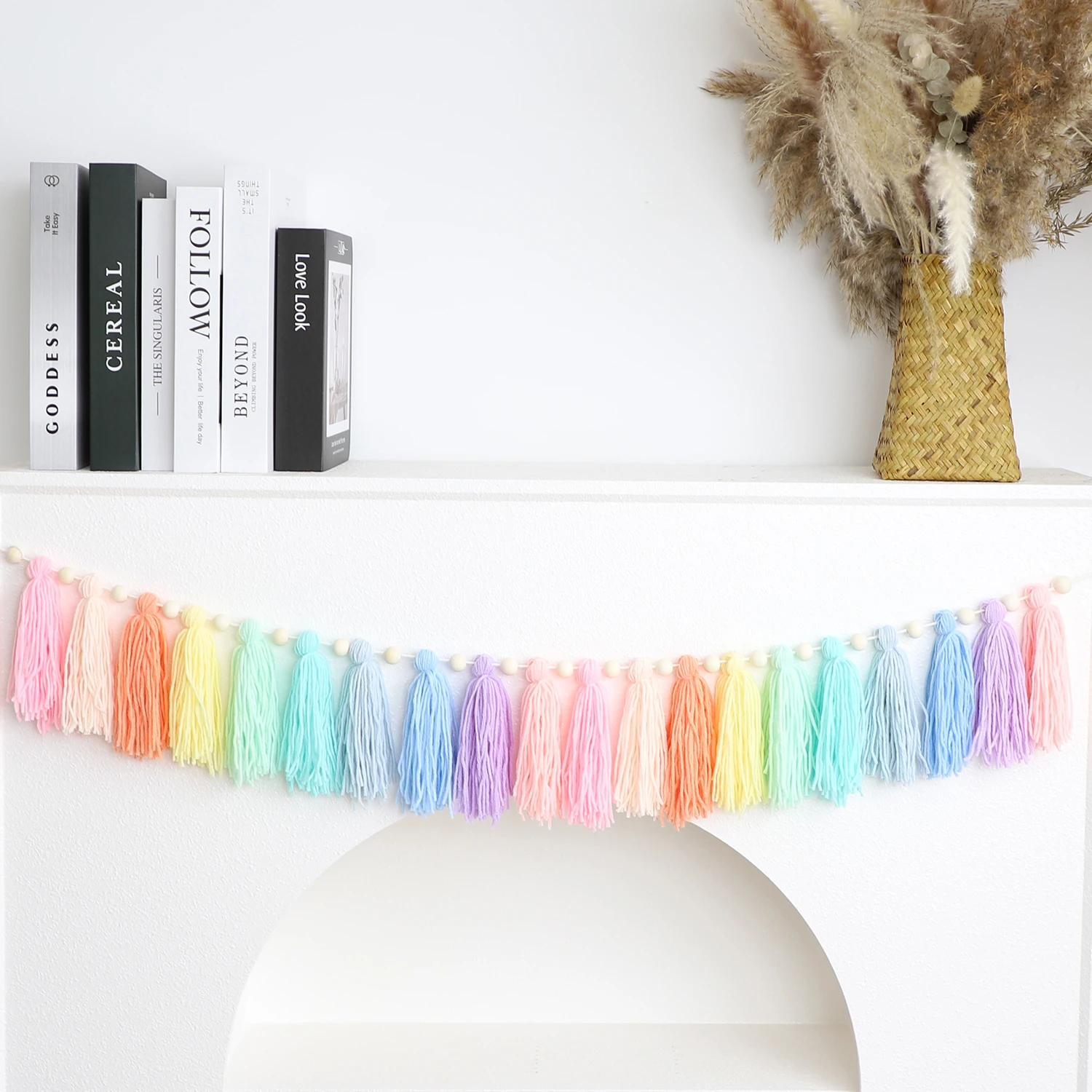 1pc Boho Colorful Rainbow Tassel Garland Handmade Wooden Bead Banner Home Festival Party Decoration Wall Hanging Banner