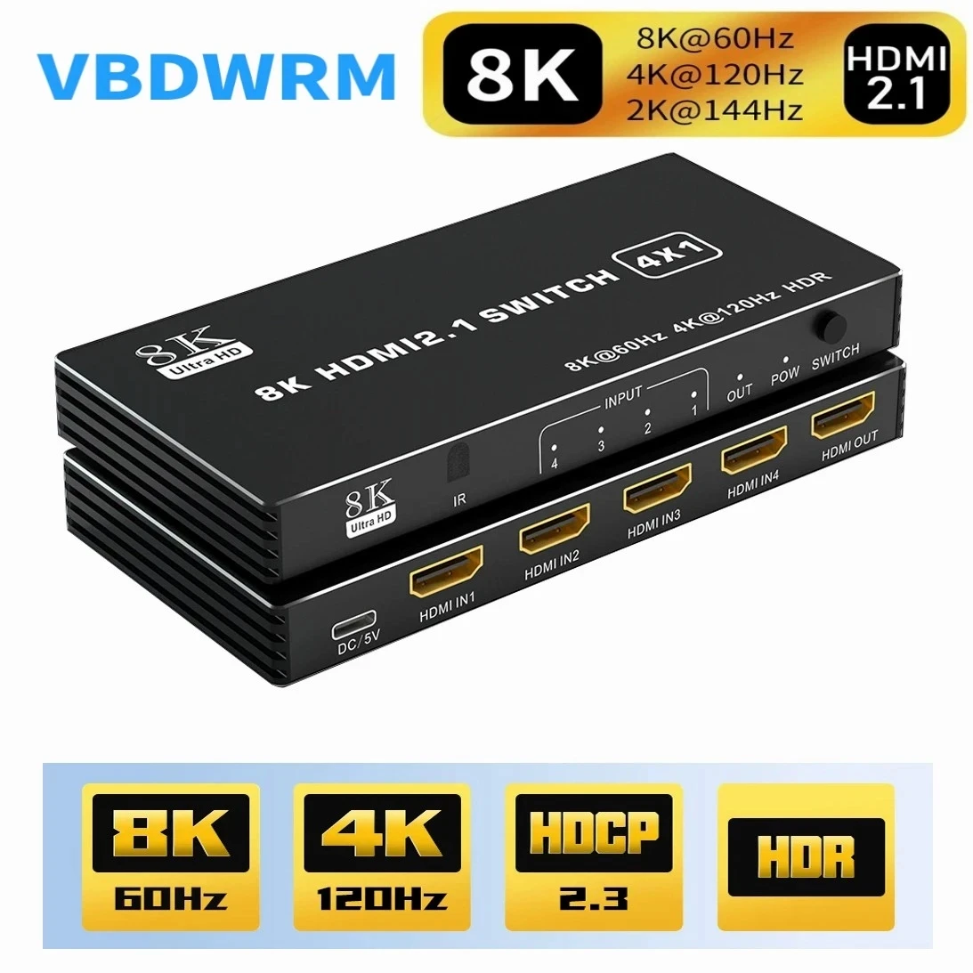 8K HDMI 2.1 Switch 4K 120Hz Splitter 5 Port Switcher CEC Adapter 48gbps With Remote For Xbox Series X PS5 Projector