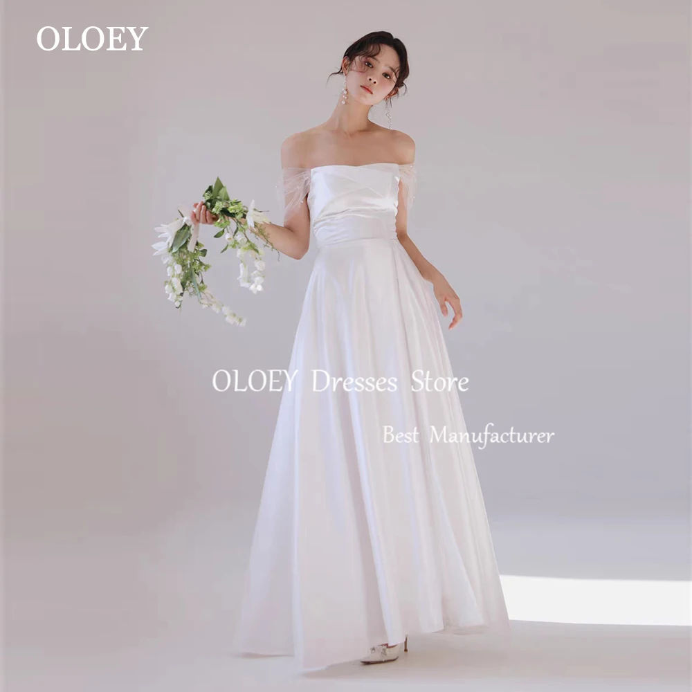 

OLOEY Simple Ivory A Line Wedding Dress Korea Photoshoot Pleats Satin Floor Length Bridal Gown Pearls Corset Back Customized