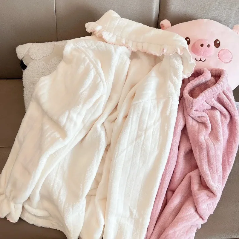 ชุดนอนผ้าคอรัลฟลีซสำหรับเด็กผู้หญิง ฤดูใบไม้ร่วง ฤดูหนาว ลายการ์ตูนน่ารัก ผ้าฟลานเนลหนานุ่ม อุ่นสบาย ลายซินนามอนโรล ชุดนอนนักเรียนทรงหลวมใส่สบายอยู่บ้าน