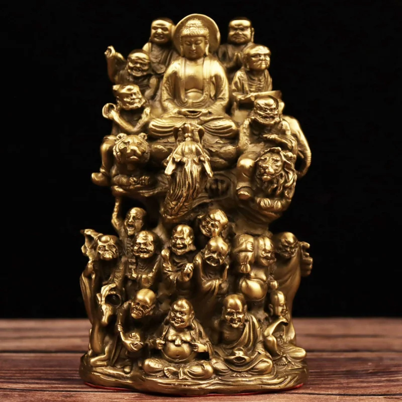 Brass Eighteen Arhats Buddha Statue, Copperware Gift Ornament, Elegant and Auspicious Metal Decoration