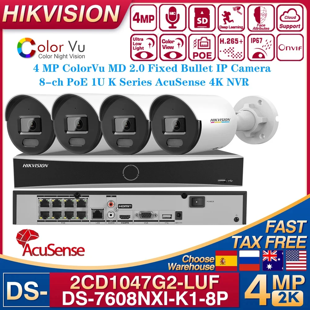 4 قطعة مجموعات الأصلي Hikvision DS-2CD1047G2-LUF ColorVu MD 2.0 ثابت رصاصة ip كاميرا DS-7608NXI-K1/8P 8-ch PoE 1U AcuSense NVR