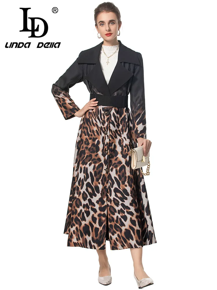 LD LINDA DELLA Women's New Fashion Coat Long Sleeve Notched Leopard print Gradient Single-Breasted Autumn and Winter Overcoat