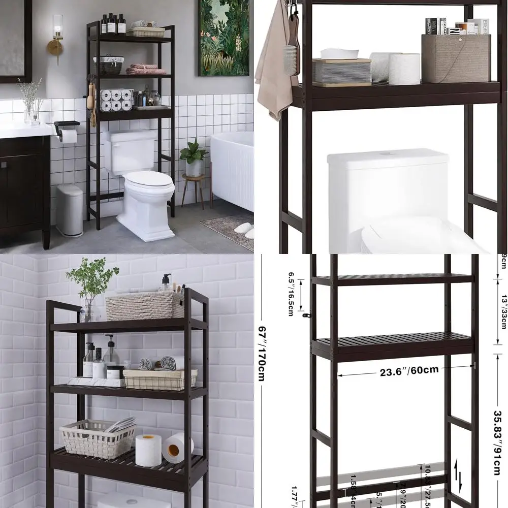 

3-Tier Bamboo Toilet Organizer, Dark Brown, Freestanding Storage Shelf with Adjustable Racks