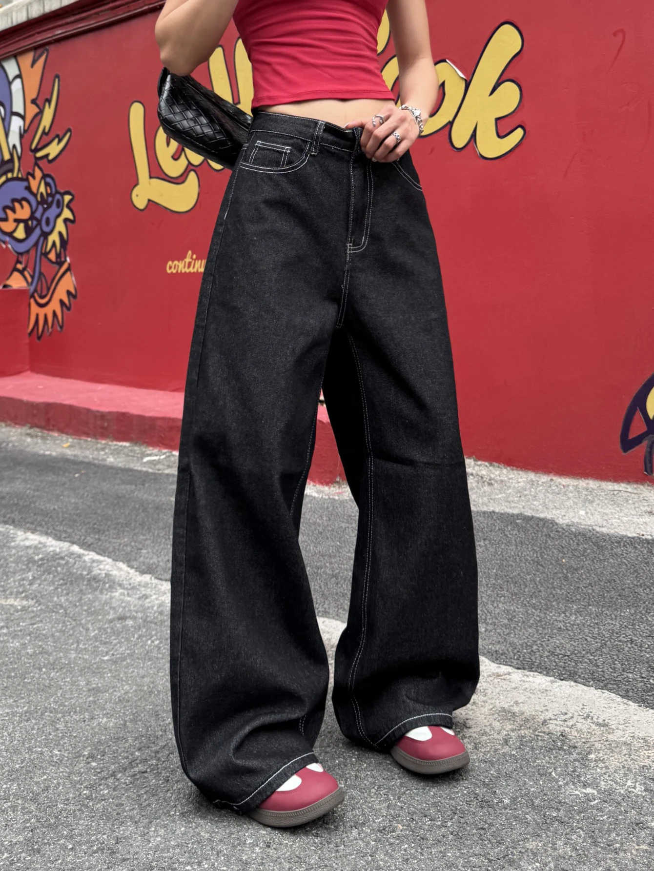 European And American Wide Leg Denim Pants With High Street Style And High Waist, Black And White Striped Jeans