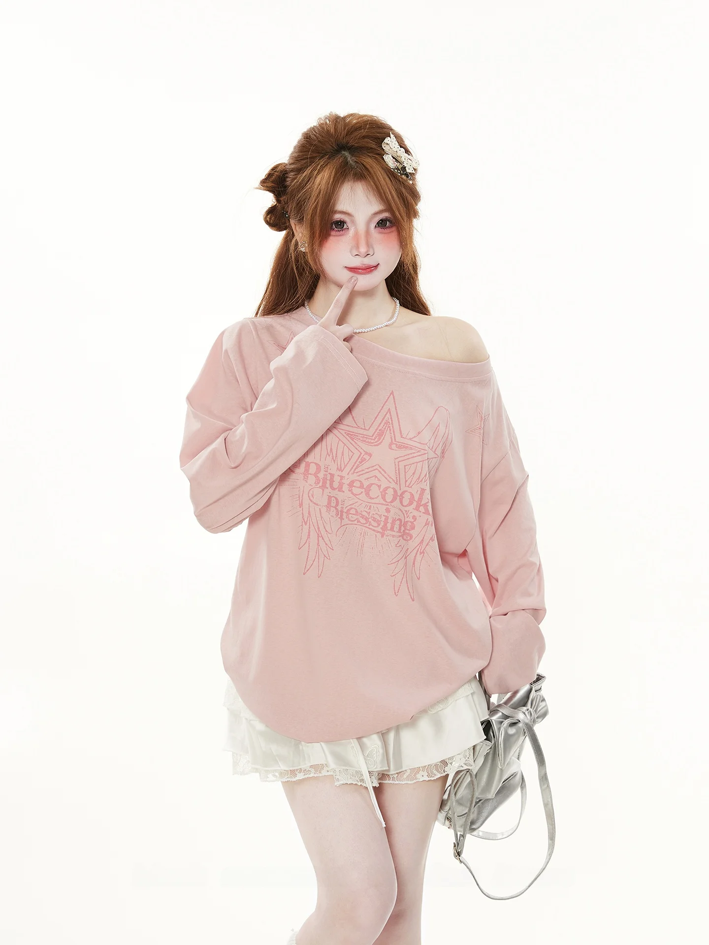 Sweet Pastel Pink Long Sleeve T-Shirt Women's Spring Autumn New Style Micro Transparent Star Print Cover up Top Korean Style