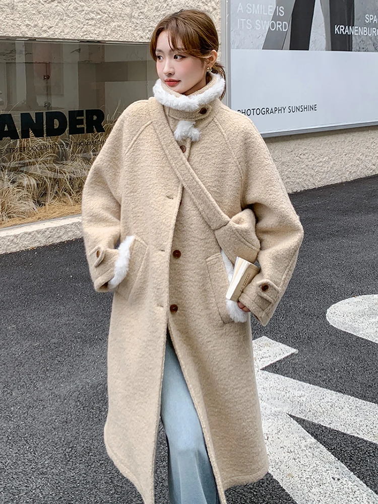 LANMREM Beige Fur Patchwork Medium Long Woolen Coat Jacket With Bag Included Women 2025 Winter Fashion Warm Coats 2DB1629