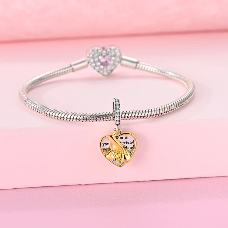 Original 925 Sterling Silver Charms Hold Hands with Mom Heart Engraving Pendant Fit Original Bracelet For Women DIY Jewelry Gift