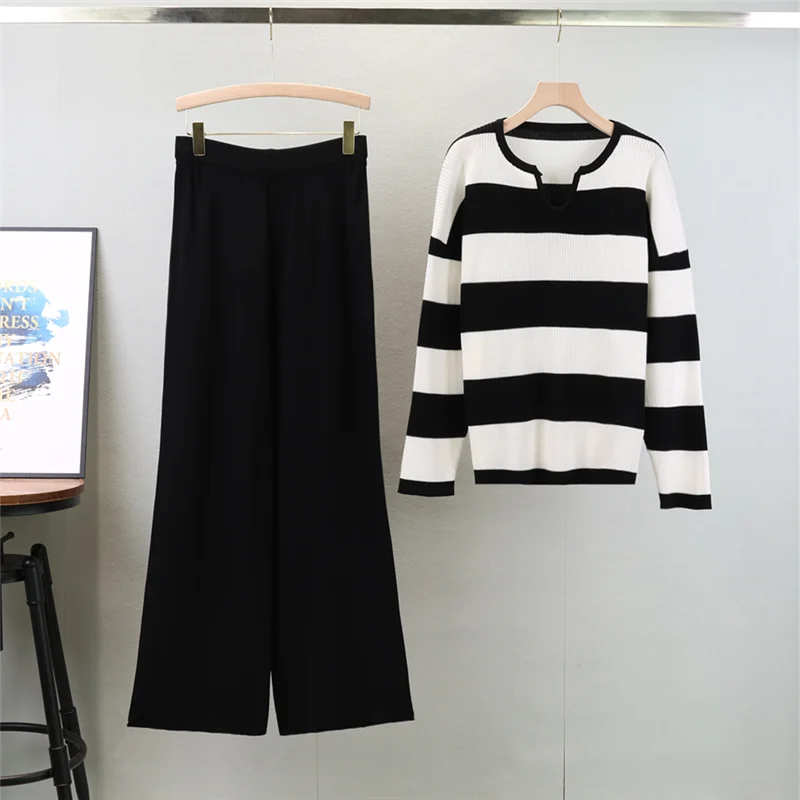 2024 Autumn New Retro Women Sweater Set Casual Pullovers Suits Striped Knitted Long Sleeve Elegance Tops Elastic Wide Leg Pant