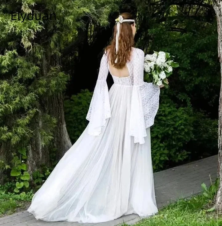 Boho Lace Wedding Dress Backless High Neck Long Flare Sleeve Vintage Lace Chiffon A‑Line Bohemian Country Bridal Gown Customized