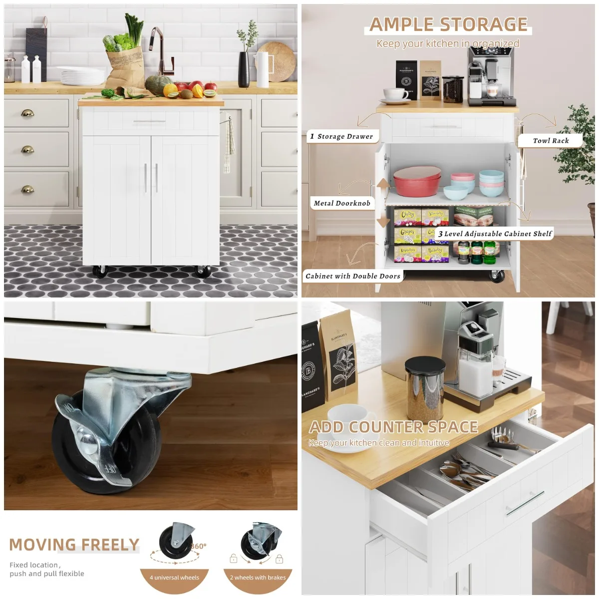 

Kitchen Island Cart with Storage, Rolling Side Table on Wheels, White