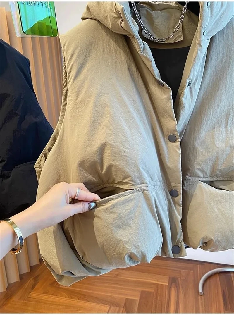 2025 New Chic Hooded Down Vest Jakcet Women Autumn Winter Warm Short Waistcoats Ladies Female Loose Warm Sleeveless Outwear