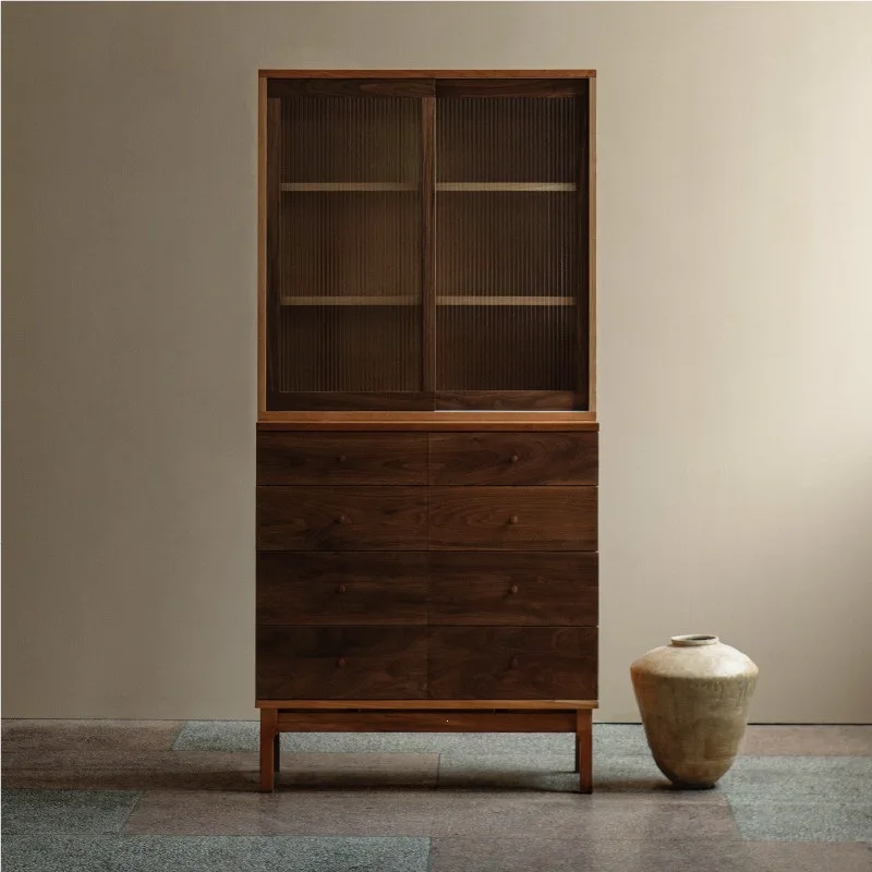 glass three-layer cabinet, black walnut cherry wood, dining room living room storage, solid wood furniture first floor