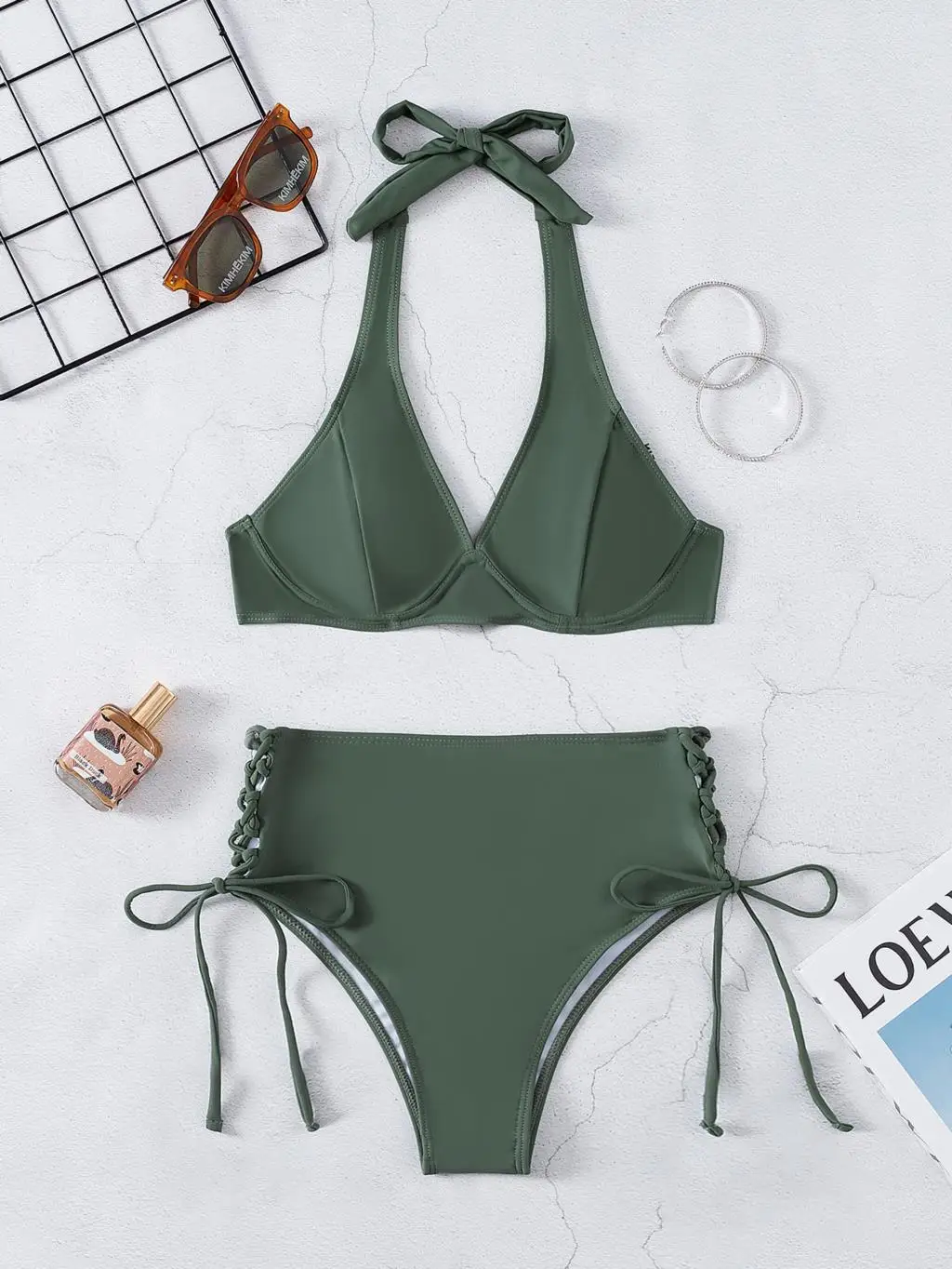 Biquíni Halter cintura alta para mulheres, swimwear push up, maiô verde feminino, moda praia monocromática, roupa de banho 2021