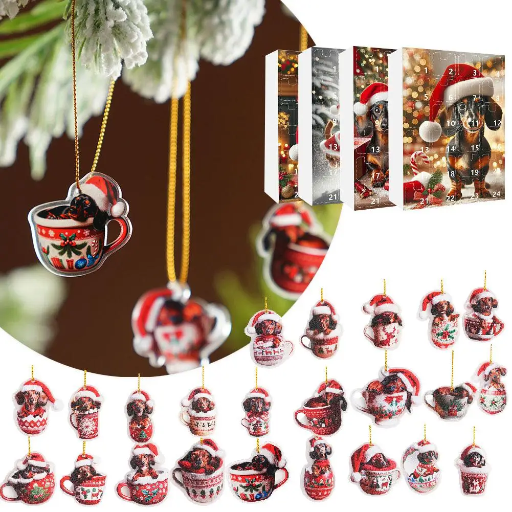 2024 Christmas Holiday Advent Calendar Christmas Tree Ornaments Sausage Dog Dog Gift Decorations Funny Christmas Home 2D Se J5R3