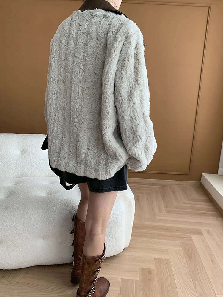 [EAM] Gray Leather Collar Big Size Faux Fur Jacket New Lapel Long Sleeve Women Coat Fashion Tide Autumn Winter 2024 1DH6744