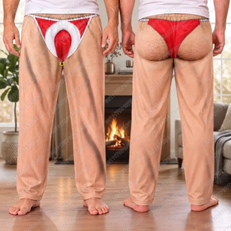 Men Funny Christmas 3D Skin Print Pajama Pants Santa Jockstrap Fake Thong Wide Leg Trousers Xmas Bachelor Party Prank Costume