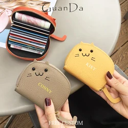 Cute Cat Real Leather Card Wallet Custom Letters Portable Fashion Korean Style Coin Purse Woman Lovely Casual Card Holder Gift